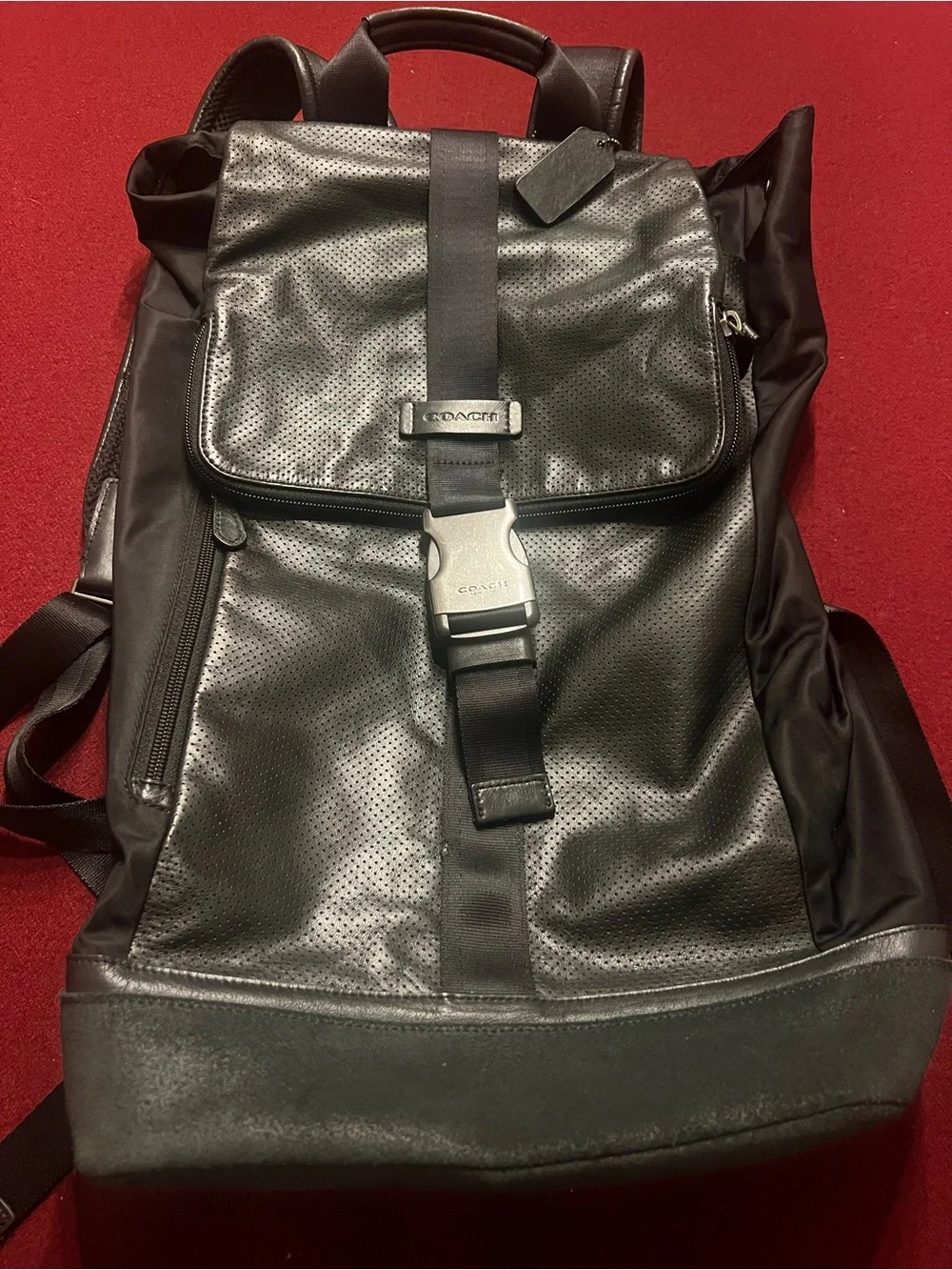 COACH Terrain Trek Pack Perforated Leather Men's Backpack - Black